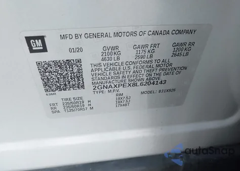 2020 Chevrolet Equinox Fwd Premier 2.0L Turbo из США, поврежденный, VIN 2GNAXPEX8L6204143